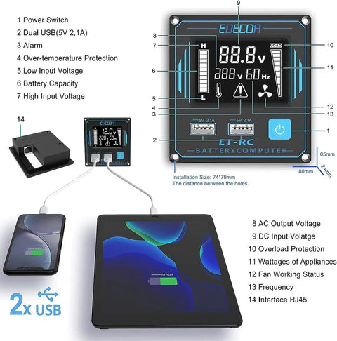 LCD remote display of 3500W Pure Sine Wave Inverter 12V DC To 120V AC Power Converter for Car RV Motorhome with USB ports