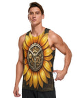 Men Sleeveless Muscle Tank Top Featuring Mechanical Sunflower Gear Design worn by a model, showcasing its vibrant print and side pocket.