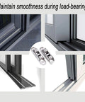 Heavy Duty Double Bearing Sliding Door Rollers With Adjustable Angle Premium Zinc Alloy Window Pulley Wheels And Replacement Hardware shown on sliding track.