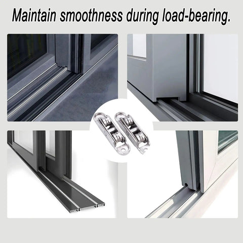Heavy Duty Double Bearing Sliding Door Rollers With Adjustable Angle Premium Zinc Alloy Window Pulley Wheels And Replacement Hardware shown on sliding track.