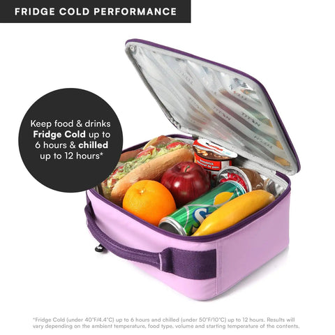 Keep Your Grub Fridge Cold All Day With This Straight Up Sweet Soft Sided Lunch Bag Featuring Double Ice Packs For Office Grind School Runs And Weekend Adventures In Smooth Lavender, filled with food and drinks.