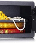Heavy Duty Home Safe Box With Biometric Lock And Electronic Digital Safe, Rugged Solid Steel Construction, Scratch Resistant Electrostatic Coating with open door showing contents of gold bars, jewelry, and books.