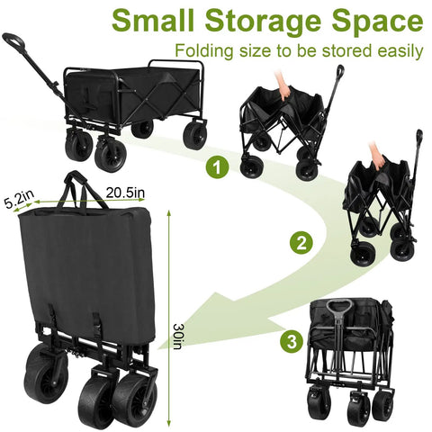 Foldable Wagon Cart With Big All Terrain Wheels And Drink Holders For Beach Camping Fishing Gardening Sports And Shopping Heavy Duty Frame Carries Up To 330 Pounds shown folded