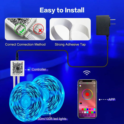 Setup guide with Bluetooth LED Strip Lights 100 Ft With Music Sync, app, remote control, RGB 5050 color changing LEDs display.