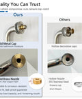 Comparison of glass shower door handle parts, highlighting solid metal caps and solid brass nozzle for durability against hollow parts.