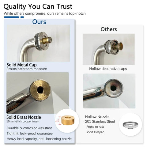 Comparison of glass shower door handle parts, highlighting solid metal caps and solid brass nozzle for durability against hollow parts.