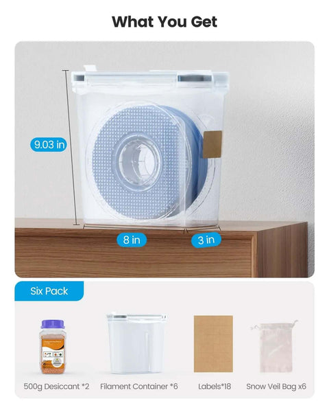 Six Pack Filament Storage Boxes For 3D Printing Sealing And Protection Waterproof Dustproof Four Liter Capacity With Desiccants And Labels