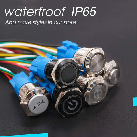 Rugged 12V Latching Push Button Switch 1NO1NC SPDT, 19mm Metal Panel Mount, Blue LED Power Light, Waterproof IP65, assorted designs