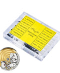 Box of 500 Pro Grade Rubber O Rings And Seal Washers Set For Watch Repair next to watch movement, waterproof gasket kit