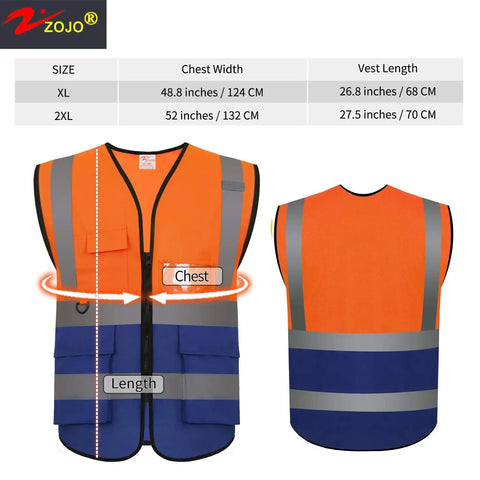 Hi Vis Safety Vests With Pockets Pack Of 10 For Outdoor Work Cycling Running Walking And Sports Reflective Vests For Men And Women 2XL Mix Orange Blue ANSI ISEA 107 2015 Compliant front and back view