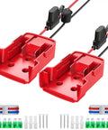 Two Pack Power Wheel Adapter For Milwaukee 18V Battery, red adapter kit with fuse, switch, wire terminals, and 12 AWG wires.