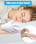 Woman sleeping with Overnight White Cotton Gloves for Dry Hands and Eczema Care, moisturizing relief with lotion application inset.