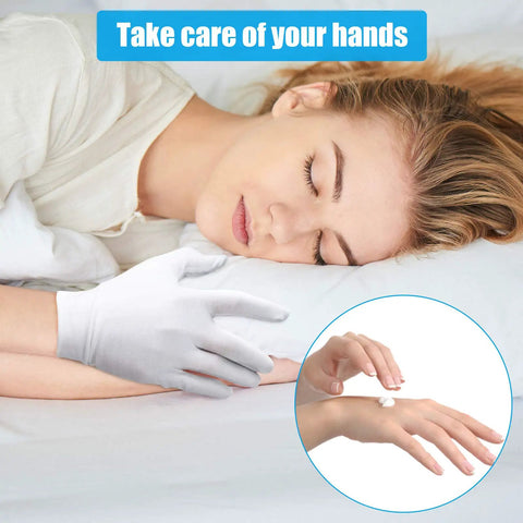Woman sleeping with Overnight White Cotton Gloves for Dry Hands and Eczema Care, moisturizing relief with lotion application inset.
