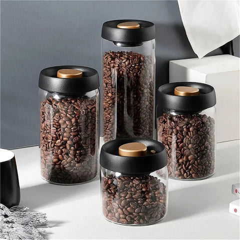 Turn Up Your Kitchen Game With This Super Durable Vacuum Sealed Glass Jar Built For Coffee Beans And Dry Goods. 1200Ml clear jars filled with coffee beans.