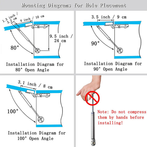 Installation diagrams for Four Pack 10 Inch Gas Strut Lift Supports 100N showing hole placement for 80, 90, and 100 degrees.