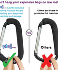 Comparison of Extra Large Six Point Six Inch Carabiner Clips with foam handle vs. regular clip without foam handle.