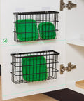Two Pack Self Adhesive Cabinet Door Organizer For Pot Lids And Tumbler Cups No Mess Peel Stick Pantry Caddy with green lids in black metal racks.