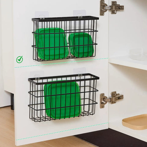 Two Pack Self Adhesive Cabinet Door Organizer For Pot Lids And Tumbler Cups No Mess Peel Stick Pantry Caddy with green lids in black metal racks.