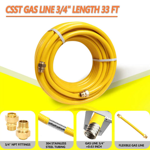 33 Foot Flexible Gas Line Kit Three Quarter Inch CSST Corrugated Stainless Steel Tubing For Natural Gas And Propane Grills With Two Male Adapters High Flow Safe Connection showing coiled yellow tubing with fittings.