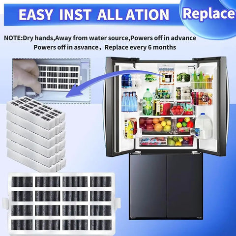 Open fridge with Fridge Air Filter Replacement Cartridge 6 Pack That Keeps Odors Out For Up To 6 Months Fits Whirlpool Maytag KitchenAid JennAir Kenmore AIR1 Fresh Flow White