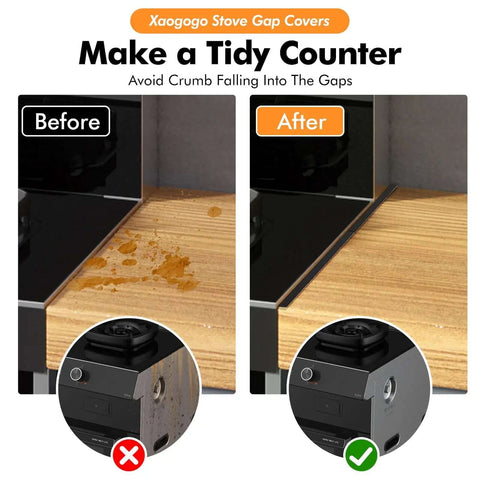 Before and after image showing Two Pack Stove Gap Covers, Adjustable From 13.8 To 27.5 Inches, reducing crumbs and gunk.