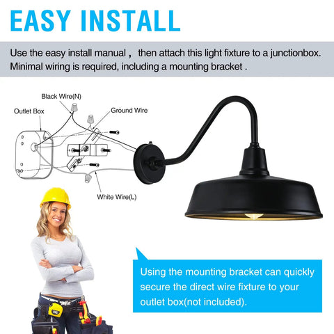 Diagram showing wiring installation for Gooseneck Barn Lights Outdoor Fixture 15 Inch Farmhouse Style Black Exterior Sconce.