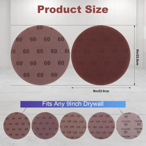 Two 9-inch mesh sanding discs with grits 60 and product size guide, part of 25-Piece 9-Inch Mesh Sanding Discs Set With 60 80 120 180 240 Grits