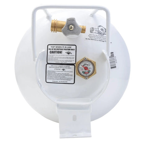 Top view of 20 Pound Steel Horizontal Propane Tank Cylinder For Fire Pits And Tables Patio Heaters Grills RVs And Truck Campers With Built In Gauge EZ Handle Collar And Type 1 Overflow Protection Valve.