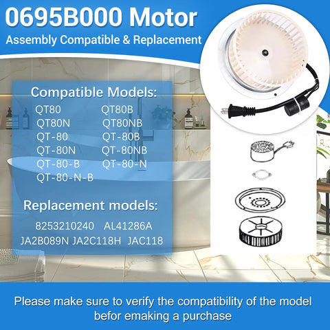 Powerful Yet Quiet Bathroom Fan Motor Replacement for QT80 Series 120V AC 60Hz 1400 RPM 9.5W 0.27A CW Rotation models list