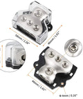 Beefy 3 Way Car Amplifier Power Distribution Block With 0 Gauge In And 3X 4 Gauge Out Nickel Plated Internals Ground Distributor For Auto Audio System Heavy Duty 2 Pack, top view with dimensions