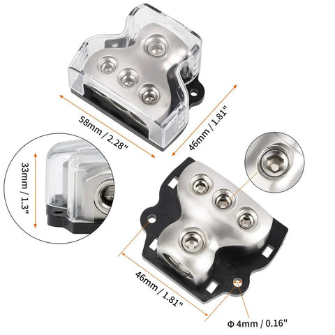 Beefy 3 Way Car Amplifier Power Distribution Block With 0 Gauge In And 3X 4 Gauge Out Nickel Plated Internals Ground Distributor For Auto Audio System Heavy Duty 2 Pack, top view with dimensions