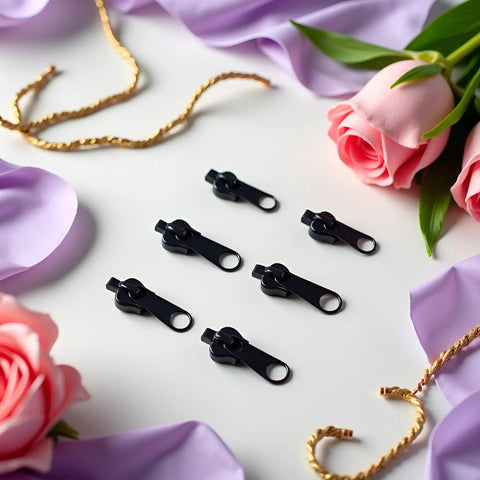 6 Piece Universal Instant Zipper Repair Kit With Replacement Sliders That Work With Most Standard Zippers For Clothing Bags And Accessories Easy Do It Yourself Fix No Tools Needed Durable Black displayed on floral background