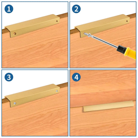 Installation process of 10Pcs Modern Finger Edge Pulls 120Mm Aluminum Concealed Drawer Handles Rose Gold with screws on a wooden drawer.