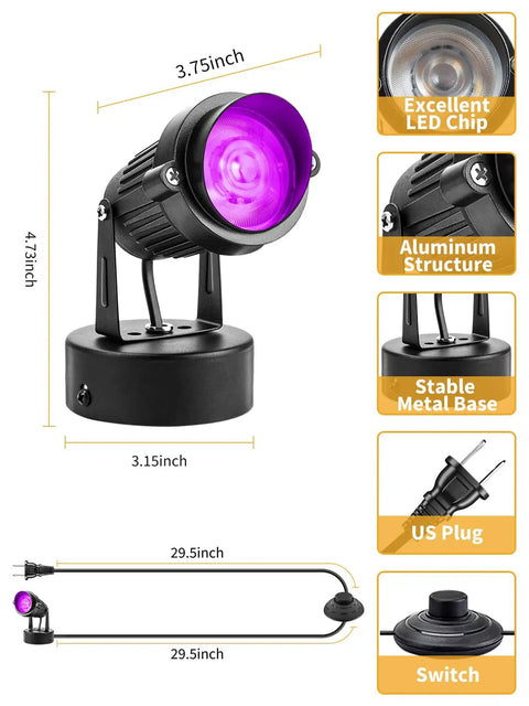 Diagram of 10W Indoor RGBW LED Spotlight with Remote Control Color Changing Uplighting showing dimensions and features