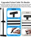 Comparison of upgraded and old nylon cable tie buckles, highlighting heavy-duty T-head, double-sided gear, and foldable design.