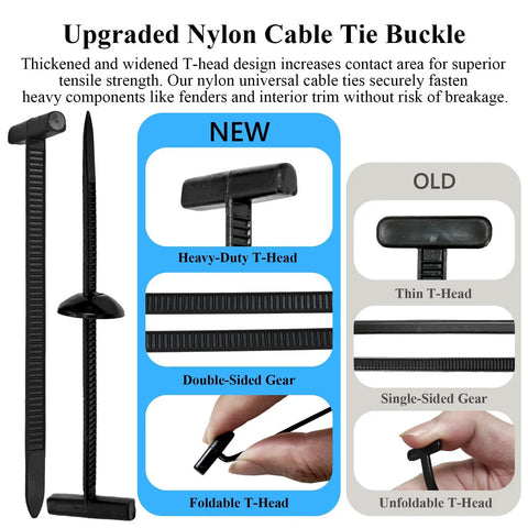 Comparison of upgraded and old nylon cable tie buckles, highlighting heavy-duty T-head, double-sided gear, and foldable design.