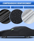 Close-up of All Weather Custom Fit Car Cover For 2007 To 2025 BMW 3 Series M3 320i 325i 328i 330i 340i Waterproof Full Exterior Shield With Door Zipper And Cotton Lining showing fabric details, waterproof feature, and car coverage.