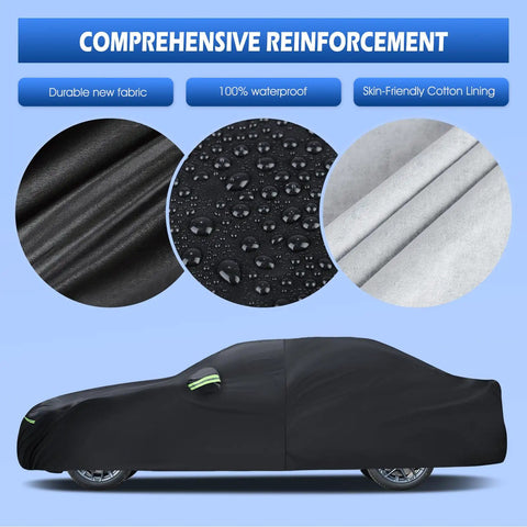 Close-up of All Weather Custom Fit Car Cover For 2007 To 2025 BMW 3 Series M3 320i 325i 328i 330i 340i Waterproof Full Exterior Shield With Door Zipper And Cotton Lining showing fabric details, waterproof feature, and car coverage.