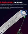 Close-up of guide-rail wheel on front driver side power window regulator with motor 6 pins for 2008-2016 Town and Country