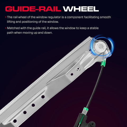 Close-up of guide-rail wheel on front driver side power window regulator with motor 6 pins for 2008-2016 Town and Country
