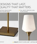 Close-up of Roxy Tall Floor Lamp in Brushed Steel With White Opal Glass, antique brass details, and frosted opal glass shade.
