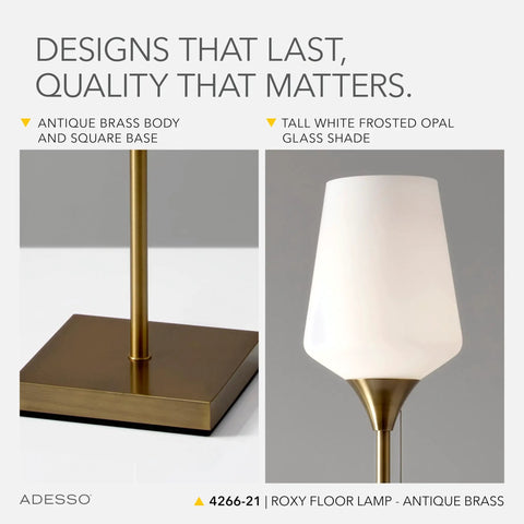 Close-up of Roxy Tall Floor Lamp in Brushed Steel With White Opal Glass, antique brass details, and frosted opal glass shade.