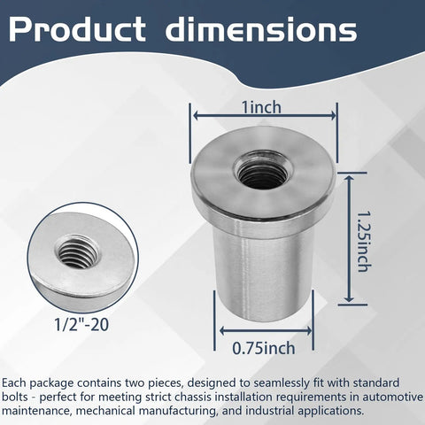 Heavy Duty Beefy Extended Barrel Weld On Nut 2 Pack With Half Inch 20 Thread showing dimensions and design features for chassis mounting.