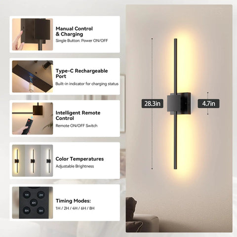 Set Of 2 Dope Battery Operated Wall Sconces With Rotatable Picture Lights, LED functions and dimensions displayed on wall