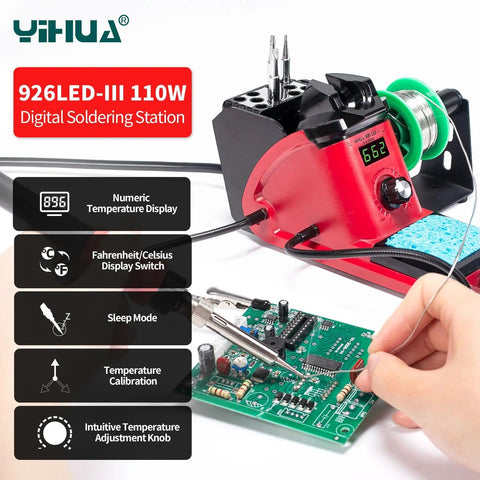 110W Soldering Iron Station Kit with LED display, soldering PCB with stainless tweezers, PID temperature control, quick recovery.