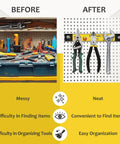 Before and after image showing cluttered vs organized tools using 8 Inch Magnetic Tool Holder Strips Set Of 4 Heavy Duty Magnetic Bars.