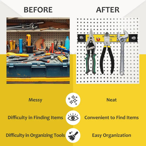 Before and after image showing cluttered vs organized tools using 8 Inch Magnetic Tool Holder Strips Set Of 4 Heavy Duty Magnetic Bars.