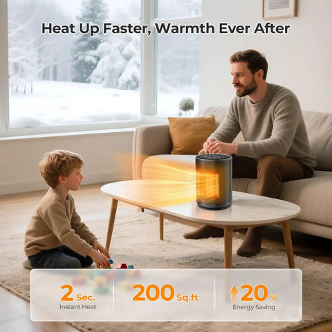 Fast Heat Desk Heater With Remote 1500W Ceramic PTC Tiny But Mighty Space Heater warming small living room with man and child