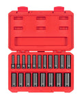 Open case of 19-piece 3/8 Inch Drive Deep 12-Point Impact Socket Set with Metric Range 6-24 Mm for automotive repair.