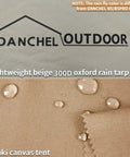 Heavy Duty Waterproof Rain Fly For Bell Tent Yurt Shelter, 300D beige oxford tarp with water droplets, close-up detail.
